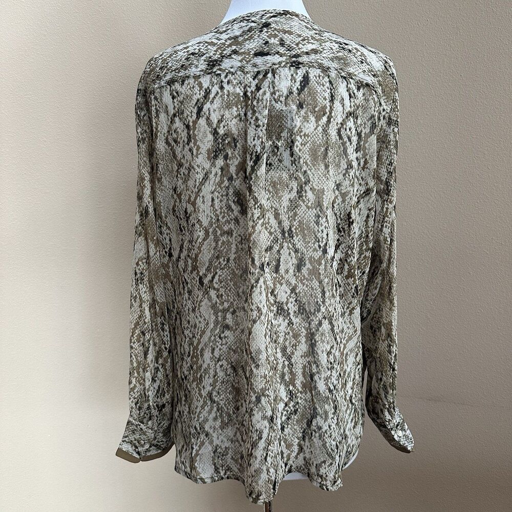 DKNY Top Women's XL Brown Snake Print Faux-Wrap Long Sleeve Semi Sheer Career - Picture 2 of 11